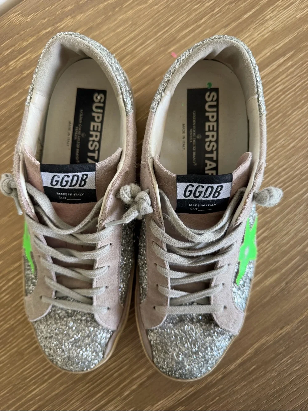 Golden Goose Silver Glitter Sneakers with Neon Green Star - Picture 2 of 6